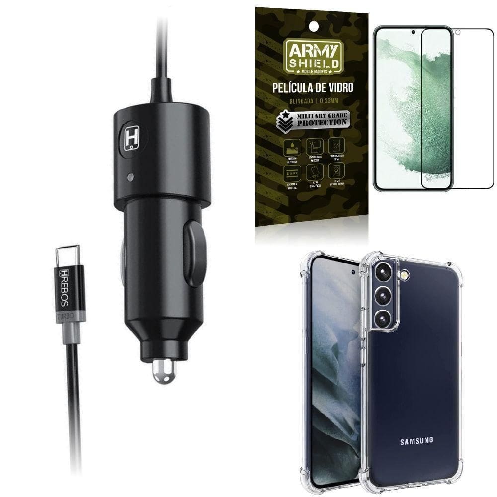 Capa samsung s22 plus +carregador veicular tipo c +película