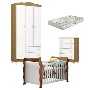 Quarto de Bebê Mel Flat e Berço Americano Lara Branco Acetinado Amadeirado com Colchão Gazin - Carolina