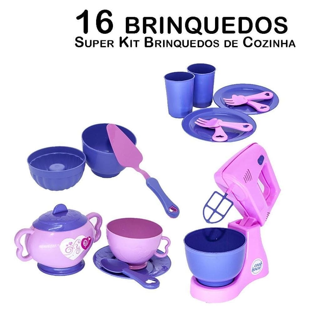 Kit cozinha infantil batedeira forminhas xícaras pires 16pç