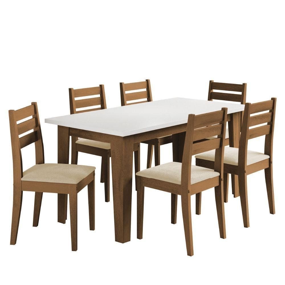 Conjunto Sala De Jantar Mesa Miami 1,60m 6 Cadeiras Dakar Cedro / Off White / Bege Dobuê Cedro/off