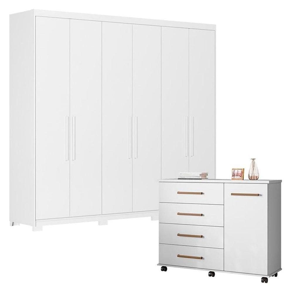Cômoda Flora e Guarda Roupa Casal Venice 62480PE Branco Brilho com Pés - Demóbile