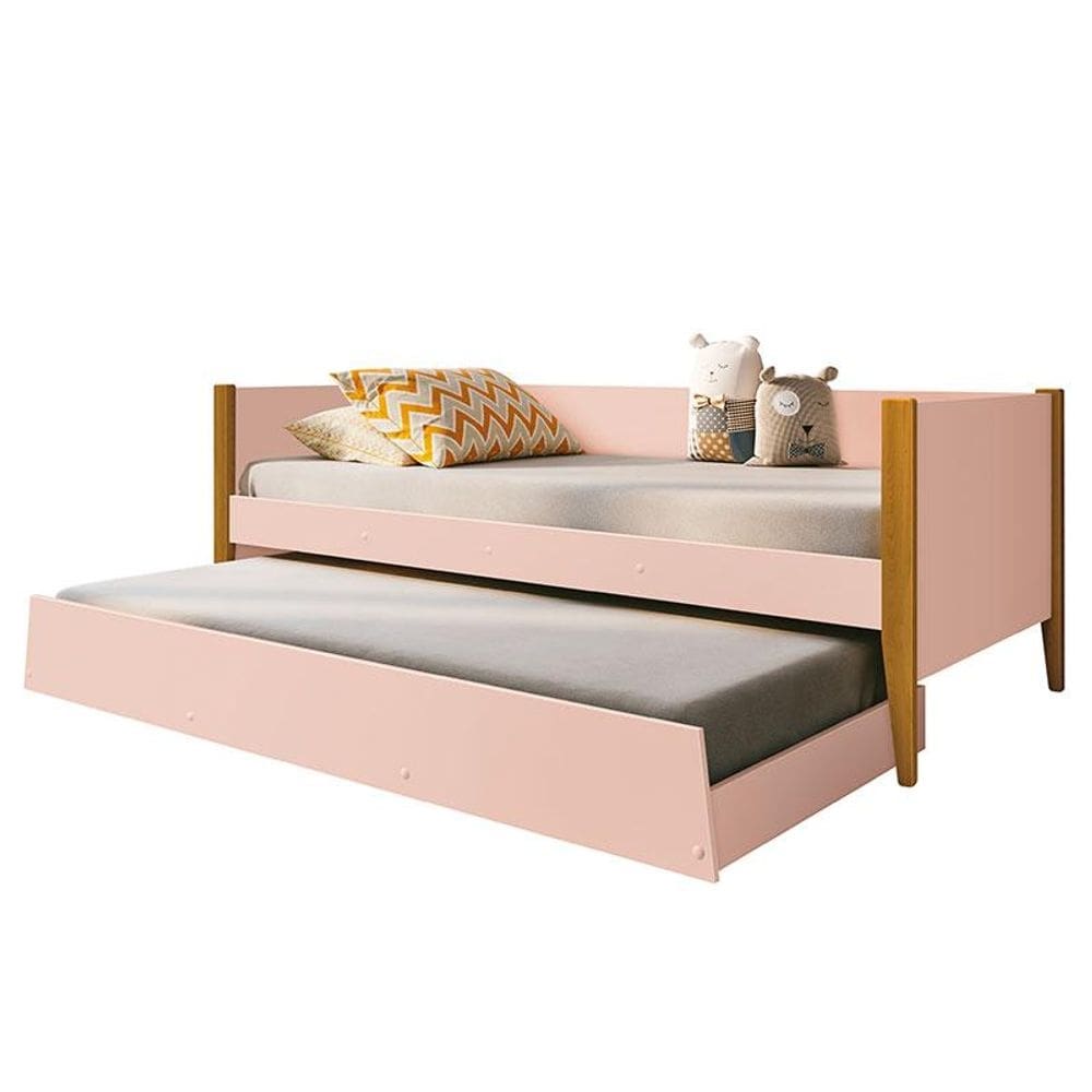 Bicama Solteiro Noah Rosa com Pés Amadeirado - Reller