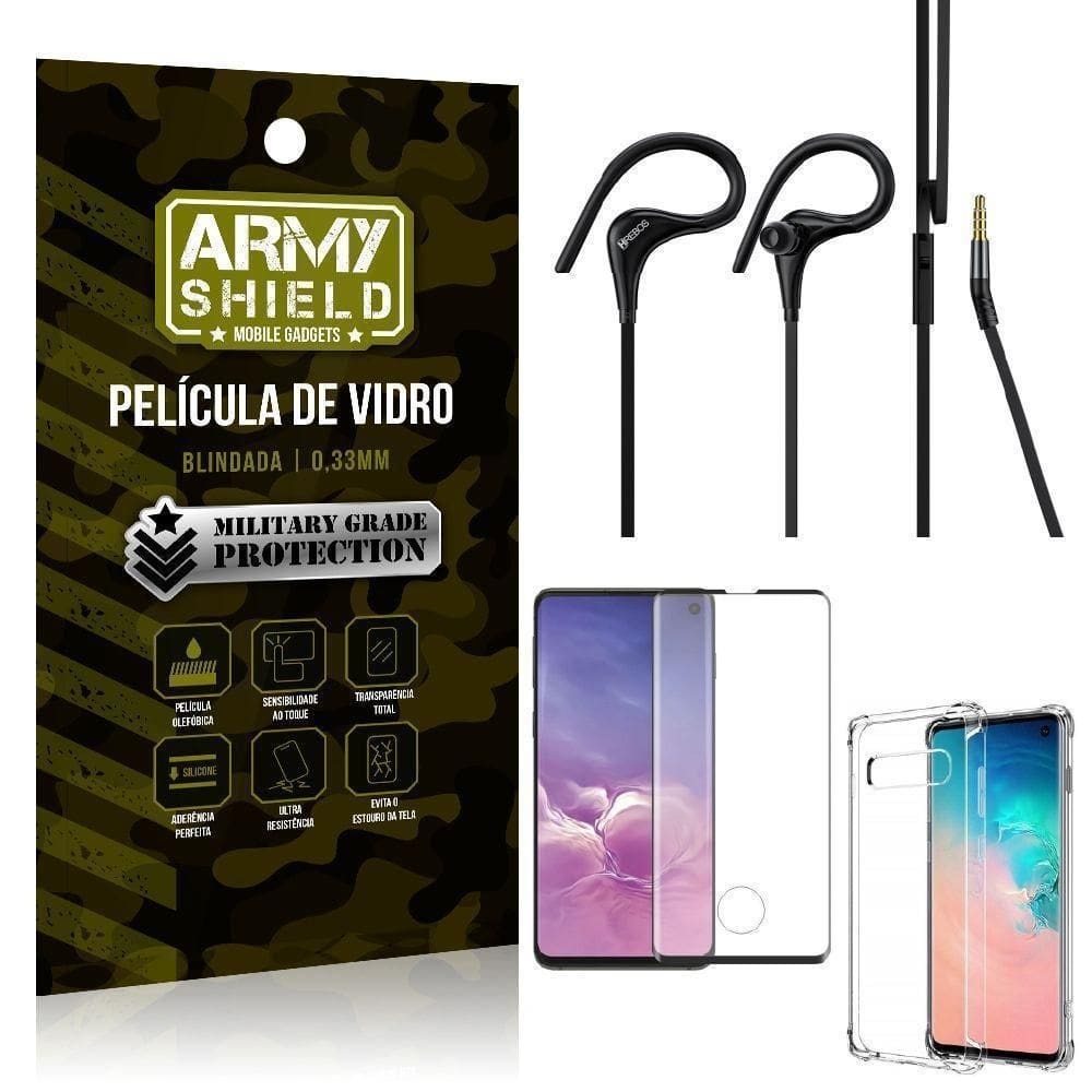 Capinha samsung s10 + fone sport hs92 + pelicula 3d