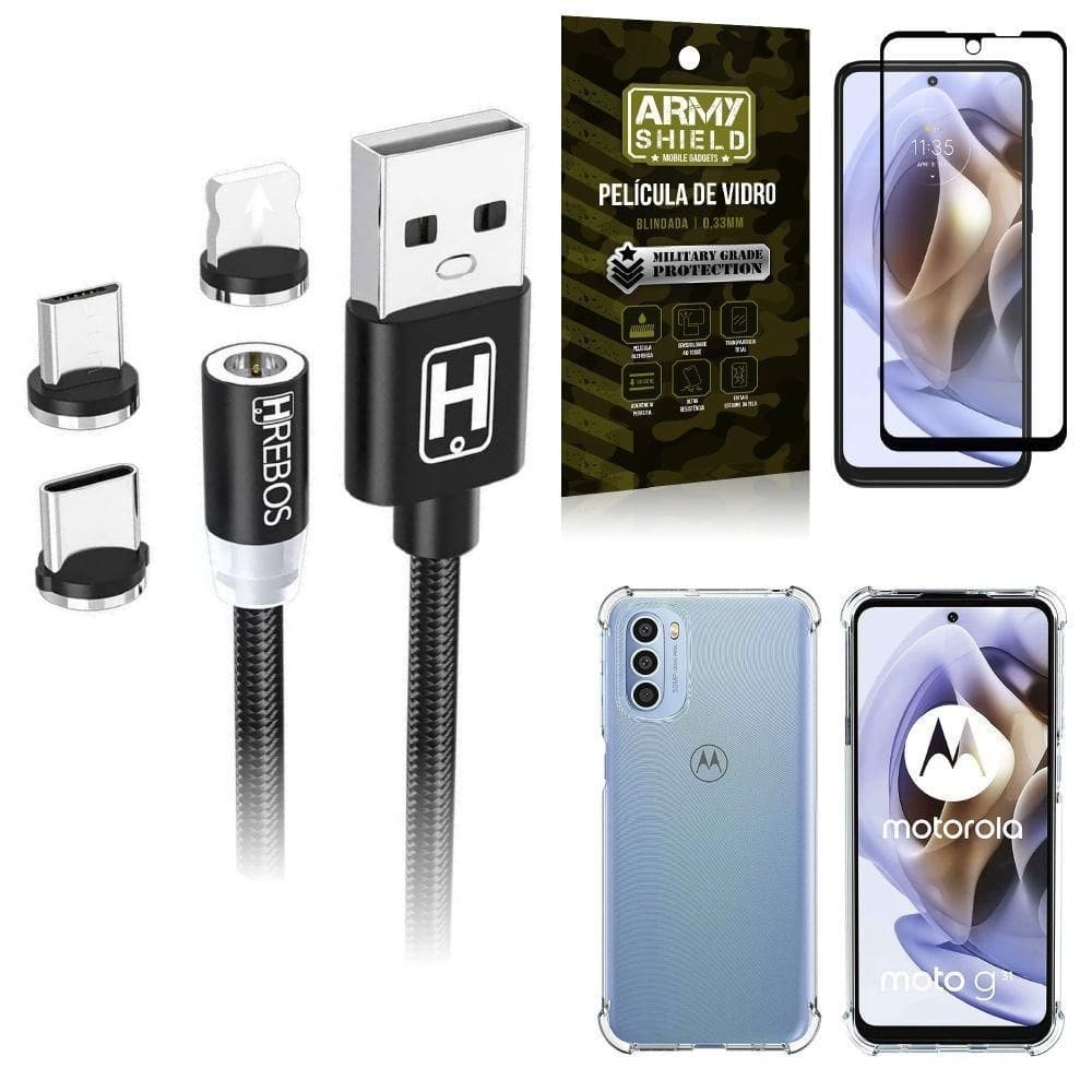 Capinha moto g31 + cabo magnético 2 metros + película 3d