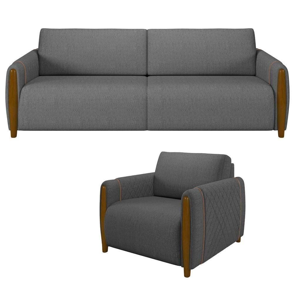 Kit Sofá 3 Lugares 223Cm Com Poltrona Flora M03 Chumbo