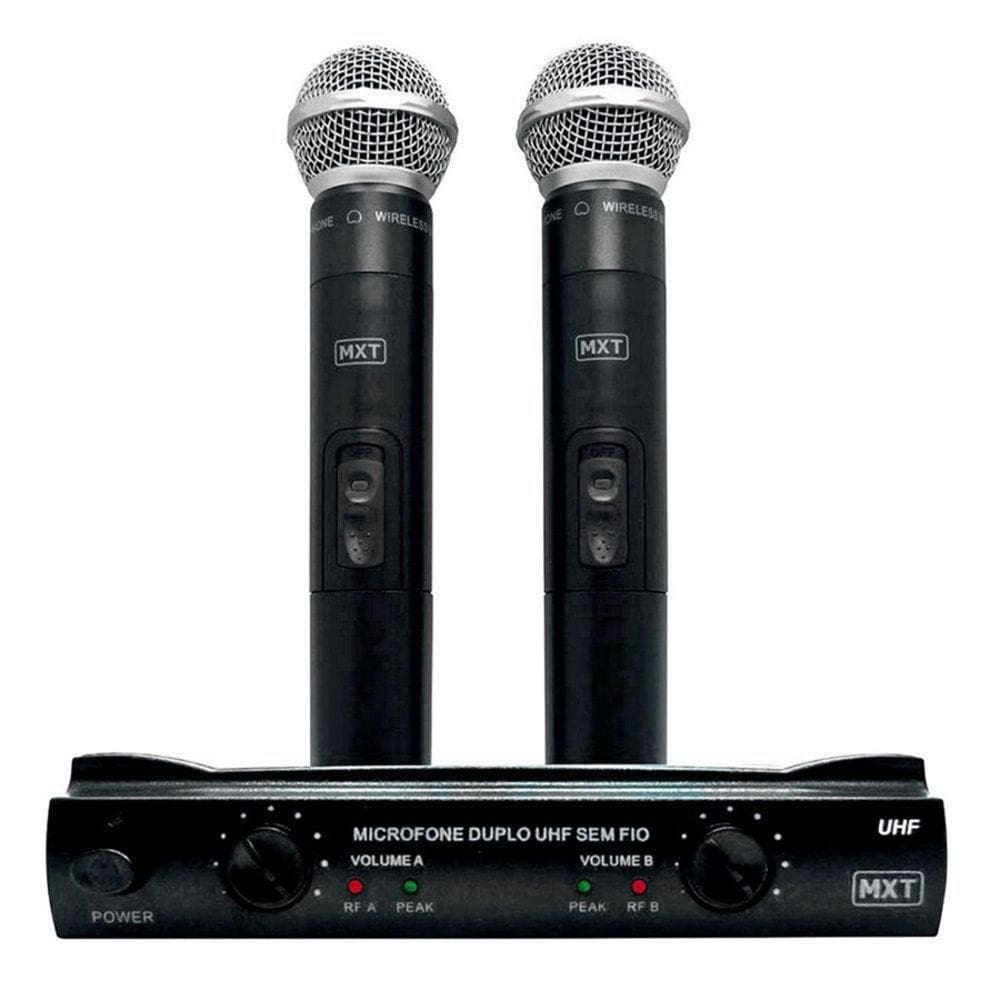 Microfone duplo de mão sem fio mxt uhf 302 com maleta