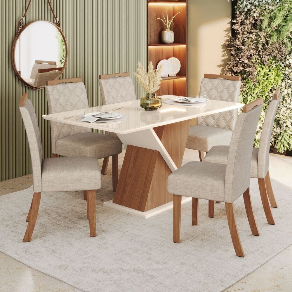 Sala de Jantar Carla Mesa 160 Cm Canto Reto com Vidro 6 Cadeiras Espresso Móveis Marrom/Off White