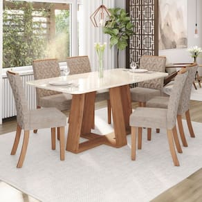 Sala Jantar Lara Mesa 180 Cm Canto Arredondado com Vidro 6 Cadeiras Espresso Móveis Marrom/Off White/Creme