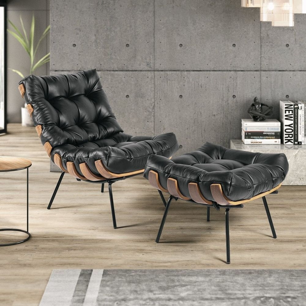 Kit Poltrona Decorativa em Costela e Puff Couro Preto