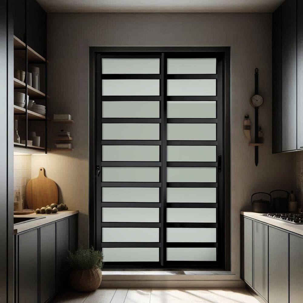 Porta de Correr com Travessas 2 Folhas Moveis 210 X 150 Elite com Fechadura Tetra Vidro Liso Preto