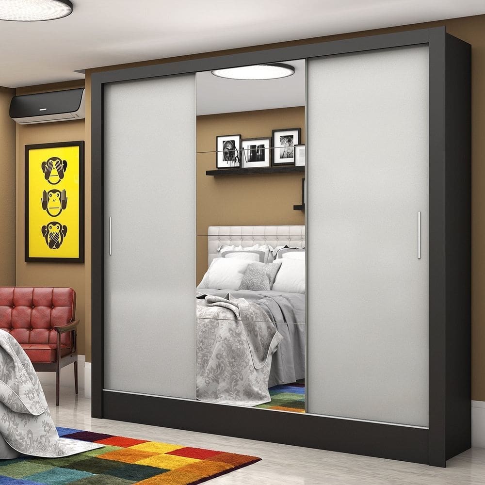 Guarda-roupa Casal 3 Portas com Espelho Santiago Plus Espresso Móveis Preto Off White