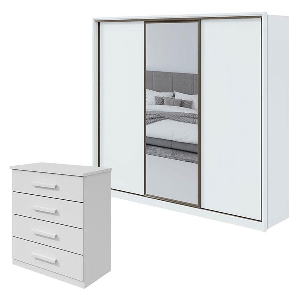 Guarda Roupa Spazio 270 com Espelho e Cômoda Baião Branco Brilho - Lopas