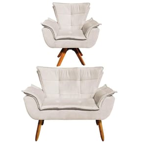 Kit Namoradeira 2 Lugares E 1 Poltrona Decorativa Giratória Madeira Opla Suede Bege - Ibiza