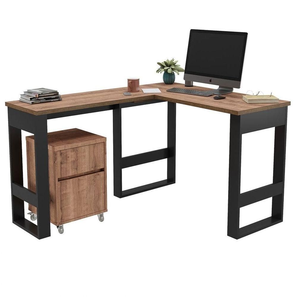 Mesa Para Computador Em L Com Armário Baixo Chess F04 Preto/Solanum - Mpozenato