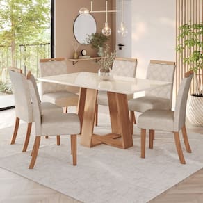 Sala de Jantar Hebe Mesa 160 Cm Canto Reto com Vidro 6 Cadeiras Espresso Móveis Marrom/Off White/Linho