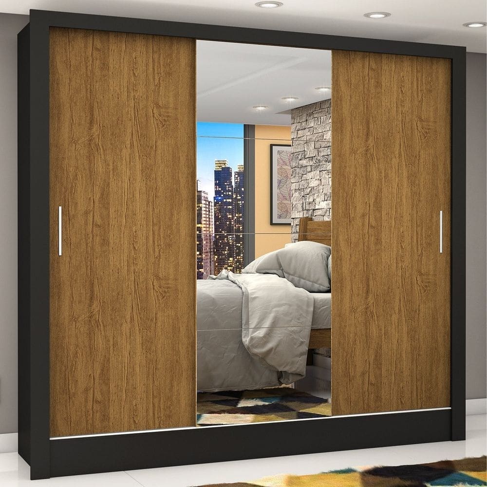 Guarda-roupa Casal 3 Portas com Espelho Porto Plus Espresso Móveis Preto Cinamomo