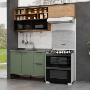 Cozinha Modulada 3 Peças Mdf com Aéreo 1200cm Porta de Vidro Basculante Toscana Freijó/Jade