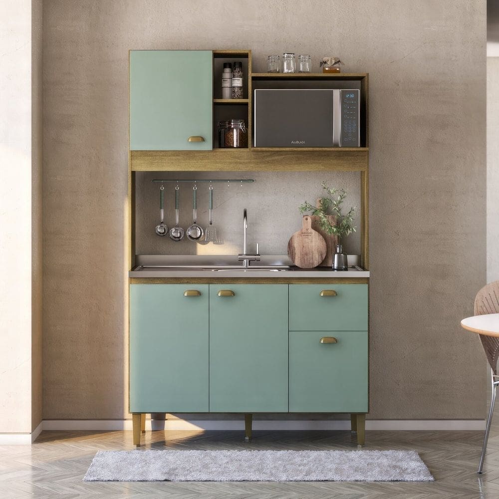 Cozinha Compacta Azaleia de 120cm 4 Portas e 1 Gaveta Bellagio Mel / Verde Bellagio