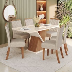Sala de Jantar Mesa 160 com Canto Arredondado com Vidro 6 Cadeiras Carla Espresso Móveis Marrom/Off White