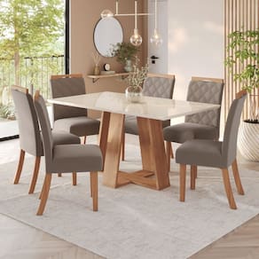 Sala de Jantar Hebe Mesa 160 Cm Canto Reto com Vidro 6 Cadeiras Espresso Móveis Marrom/Off White/Marrom Amêndoa