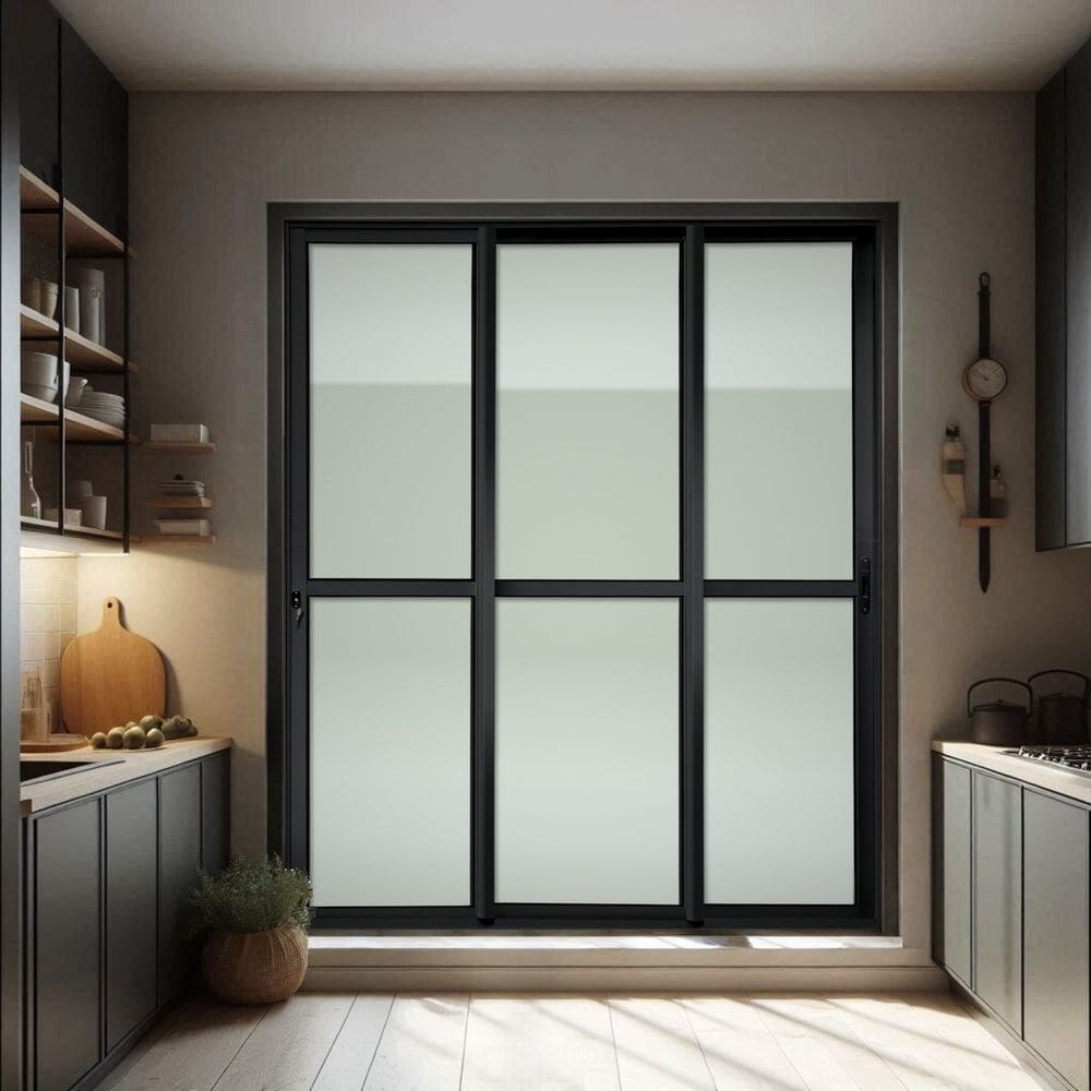 Porta de Correr 3 Folhas Moveis Sequenciais 210 X 150 Elite com Fechadura Tetra Vidro Liso Preto