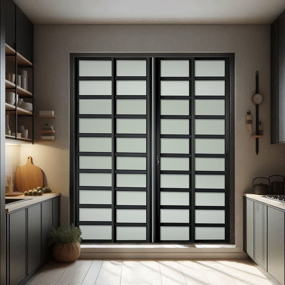 Porta de Correr com Travessas 4 Folhas Moveis 210 X 200 Elite com Fechadura Tetra Vidro Liso Preto