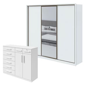 Guarda Roupa Spazio 270 com Espelho e Cômoda Toronto Branco Brilho - Lopas
