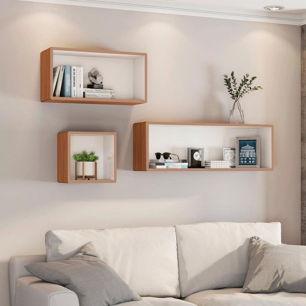 Conjunto 3 Nichos Decorativos para Sala de Parede em MDF Freijó Off White Dalla Costa