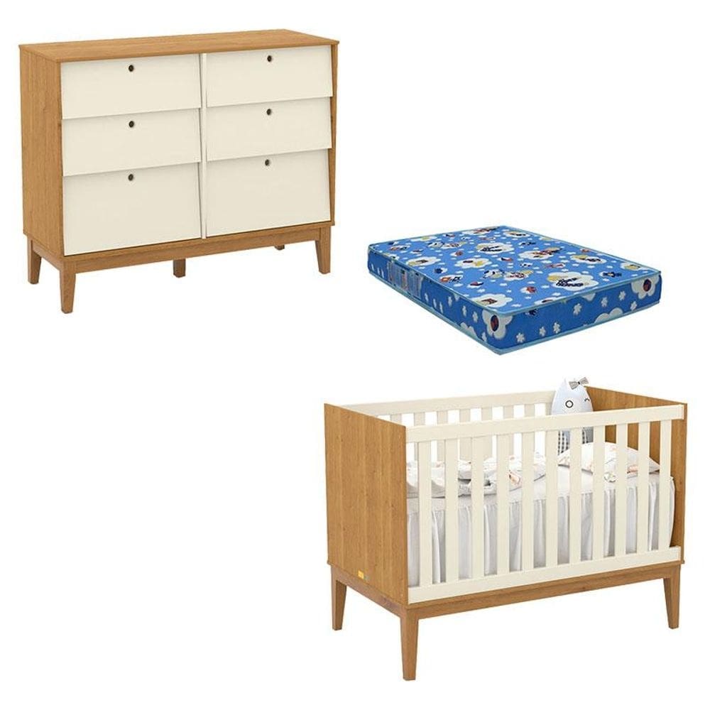 Berço Americano e Cômoda 6 Gavetas Unique Freijó Off White Eco Wood com Colchão Ortobom - Matic