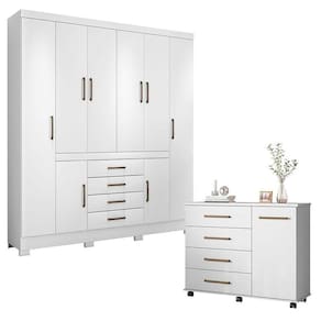Cômoda Flora e Guarda Roupa Casal New Realce Branco - Demóbile