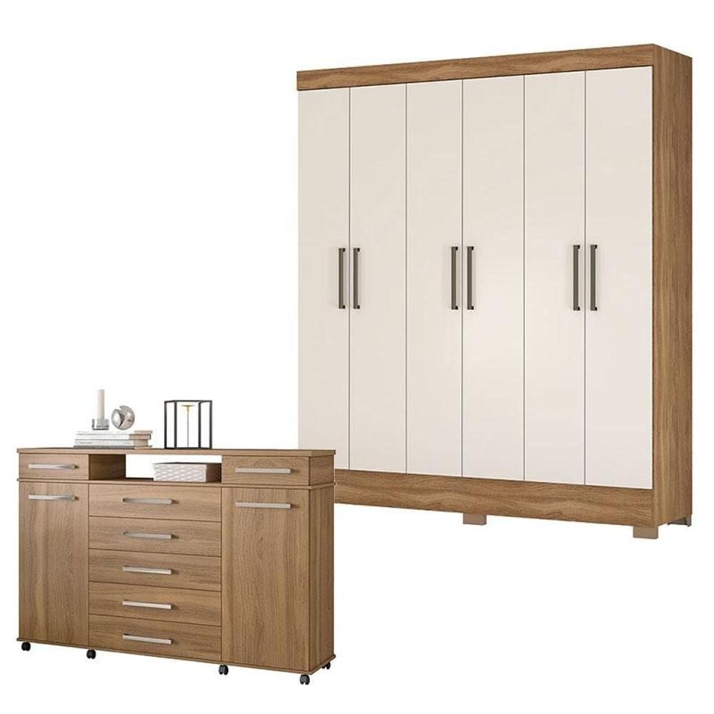 Cômoda London e Guarda Roupa Casal Verso Amêndola Off White - Demóbile