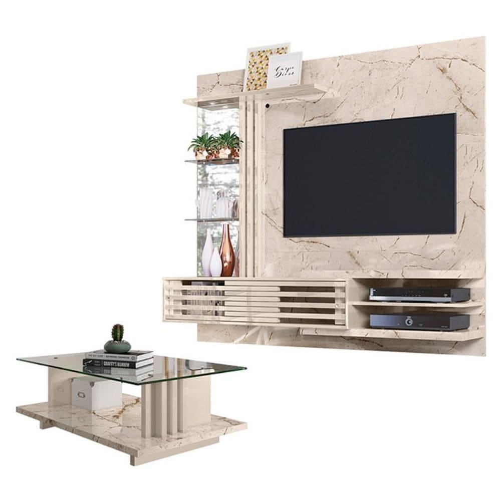 Estante Home Theater Suspenso com Mesa de Centro Frizz Supreme Calacata Off White – Madetec