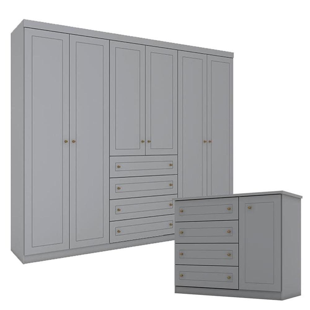 Cômoda e Guarda Roupa Casal 6 Portas Americano Cinza – Henn