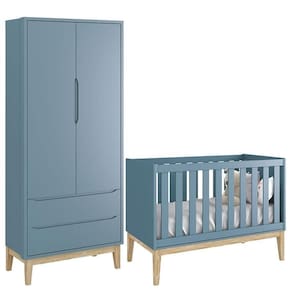 Berço Americano e Guarda Roupa Classic 2 Portas Azul com Pés Madeira Natural – Reller