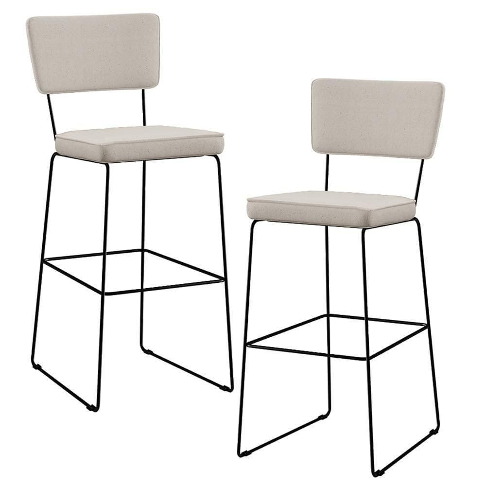 Kit 02 Banquetas Alta Base Em Aço Fixa Linho Cru