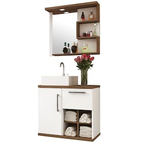 Kit Banheiro Gabinete Suspenso 70Cm B06 Branco Nogal