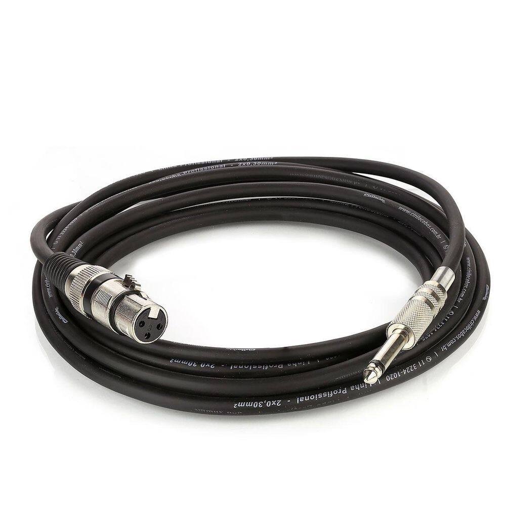 Cabo para microfone xlr fêmea x p10 macho preto 15m