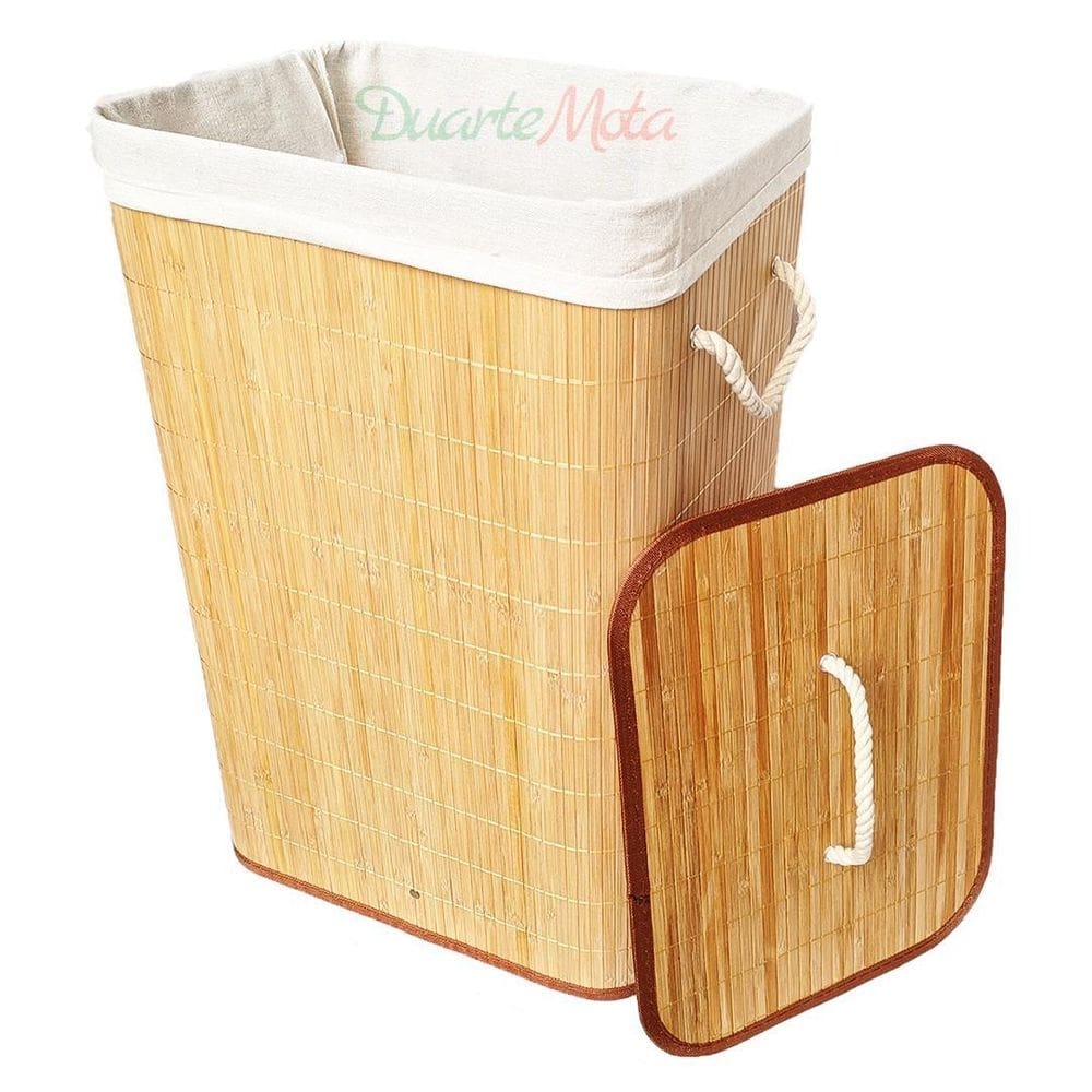 Cesto de roupa suja retangular em bambu forrado com tampa