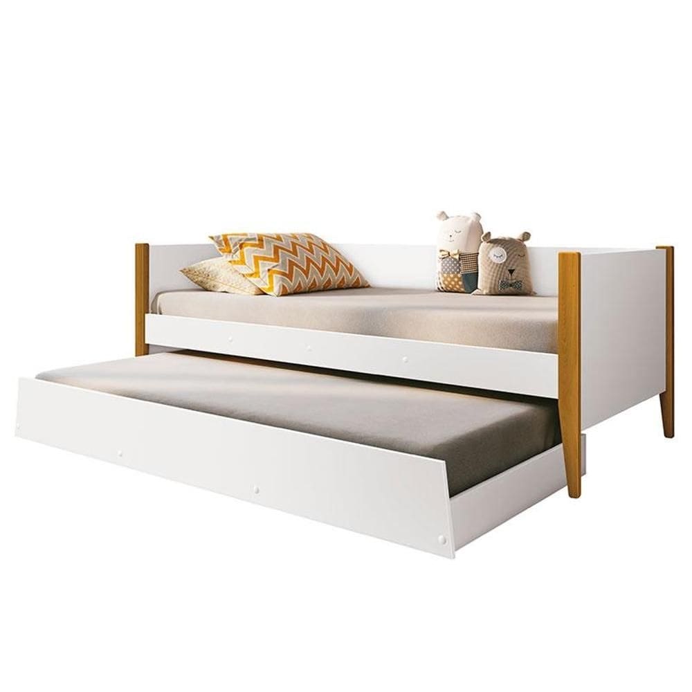 Bicama Solteiro Noah Branco Acetinado com Pés Amadeirado - Reller