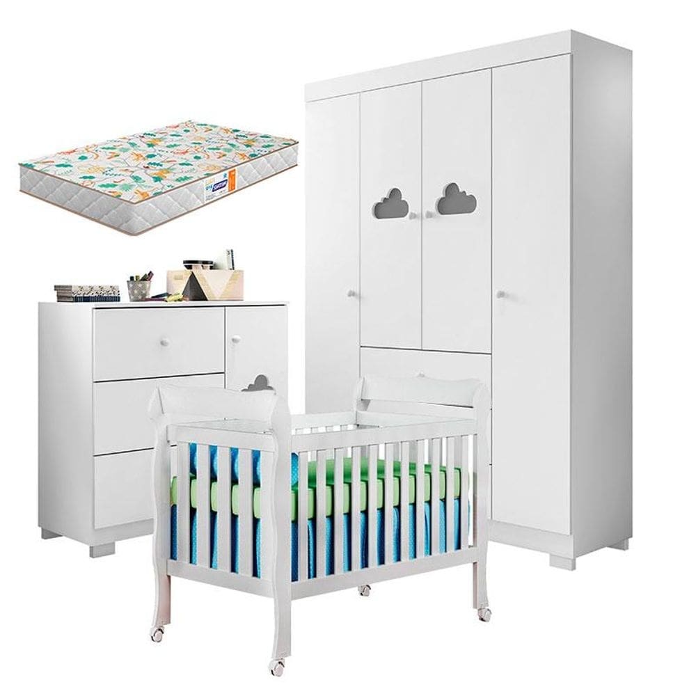 Quarto de Bebê Ane com Berço Americano Lila Branco Brilho e Colchão Gazin – Phoenix Baby