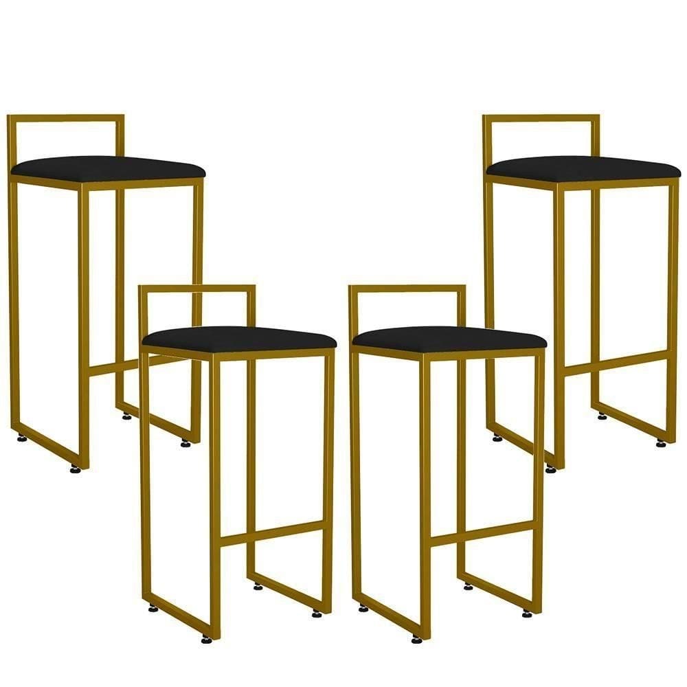 Kit 04 Banquetas Altas Hanna Dourado Suede Preto