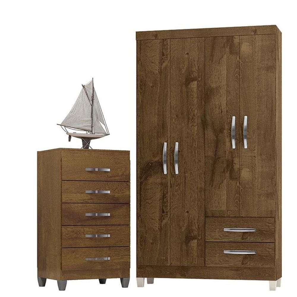Guarda Roupa Solteiro Módena 4 Portas e Cômoda Cannes 5 Gavetas Malbec – Incorplac