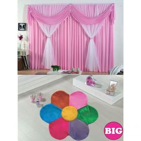 Kit Decoração P/ Quarto De Menina = Cortina Malha Jéssica + Tapete Pelucia Big Margarida - Rosa