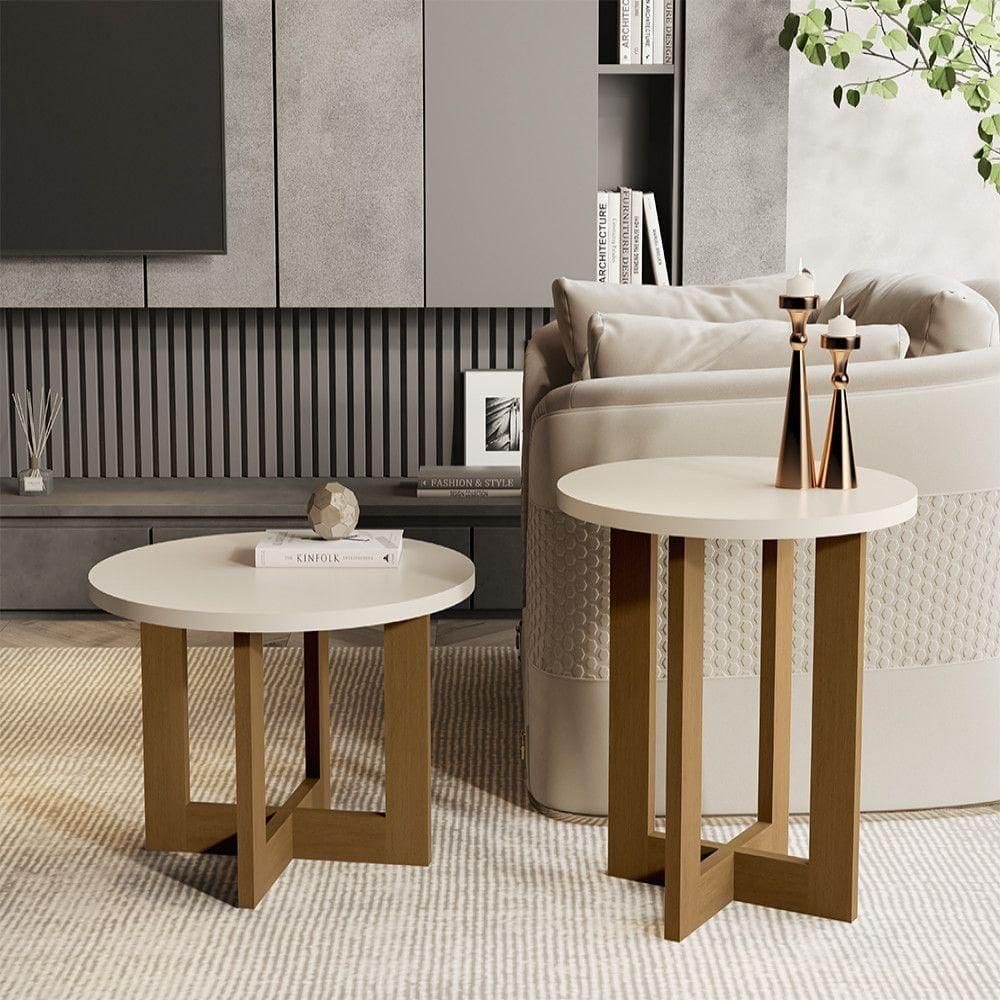 Conjunto Mesa Centro E Mesa Lateral Jb Bechara Perola Nature Pérola/nature