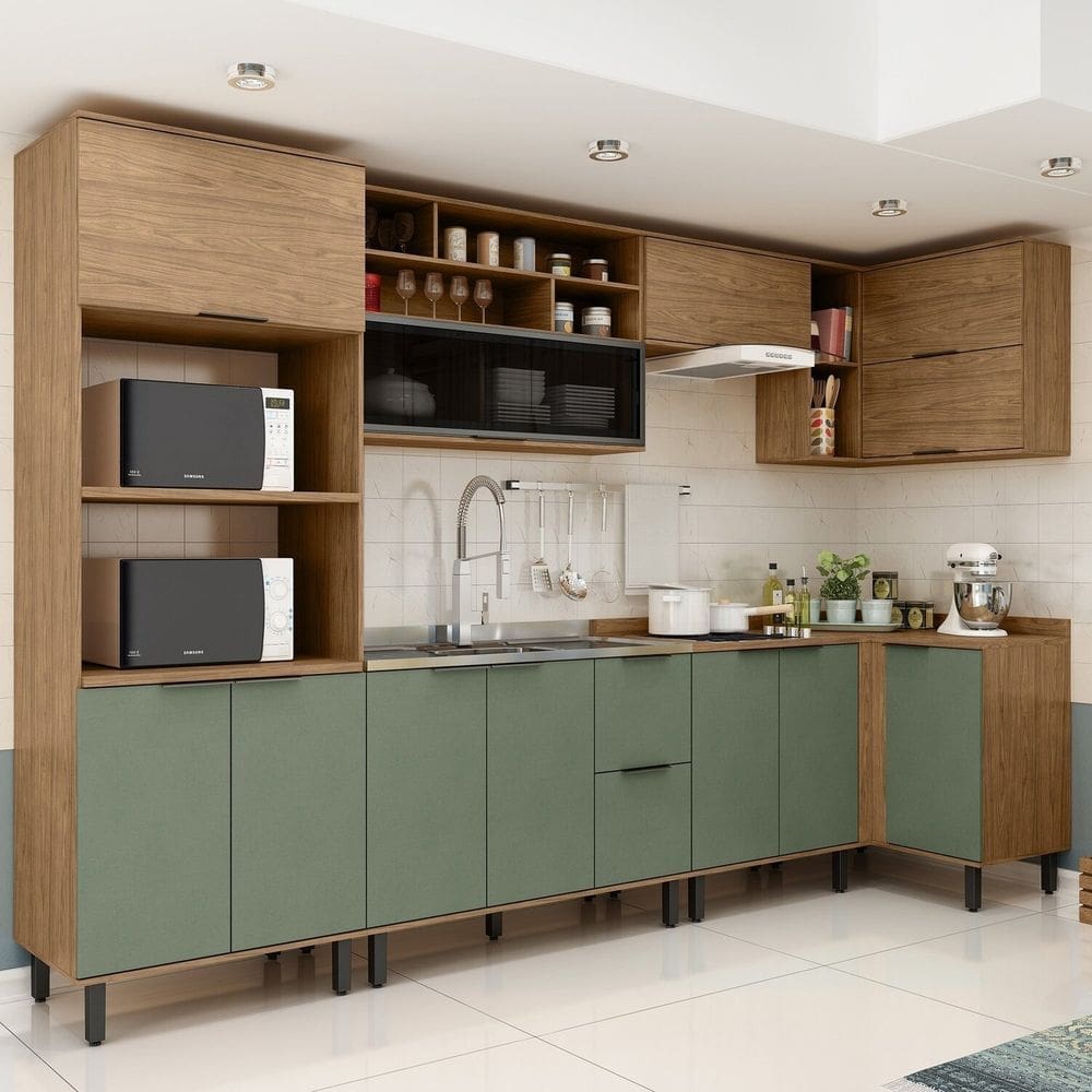 Cozinha Modulada Toscana 7 Peças Mdf com Aéreo 1200 Porta de Vidro Basculante e Armários Canto Freijó/Jade