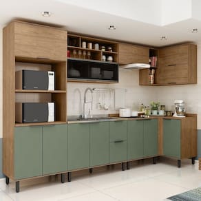 Cozinha Modulada Toscana 7 Peças Mdf com Aéreo 1200 Porta de Vidro Basculante e Armários Canto Freijó/Jade