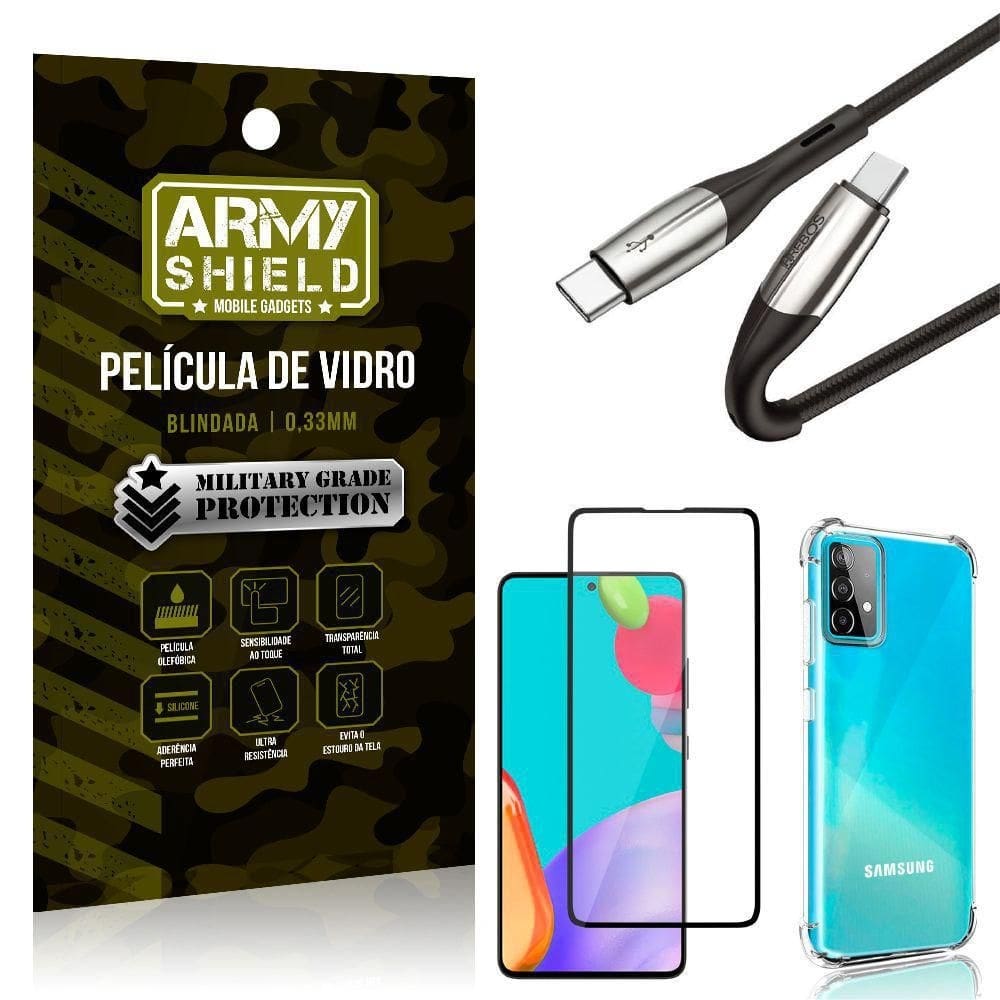 Kit cabo 2 pontas tipo c samsung a52 + capa + película 3d
