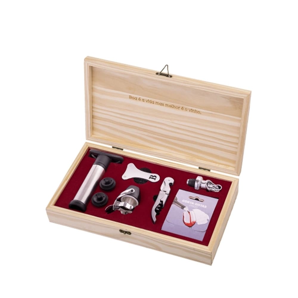 Kit de Acessórios Para Vinho Boccati Caixa Madeira Pinus