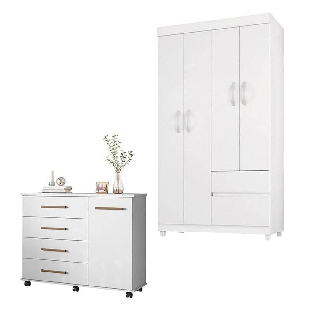 Cômoda Flora e Guarda Roupa Solteiro Lótus Branco Flex - Demóbile