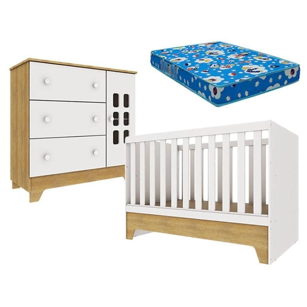 Berço Americano Mini Cama e Cômoda Infantil Malu Branco Acetinado Bétula com Colchão Ortobom – Carolina